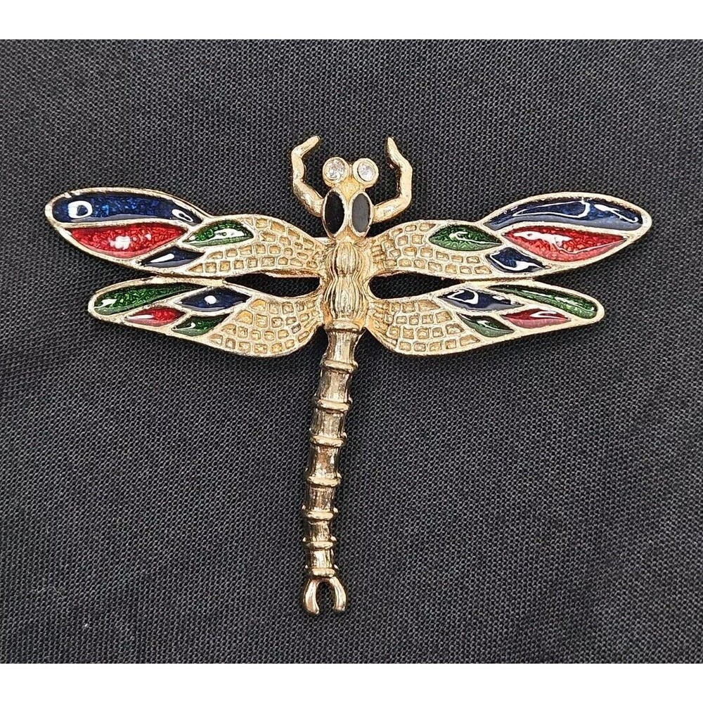 Vtg Estate Gold Tone Green Red Blue Enameled Dragonfly Brooch Pin Rhinestone Eye